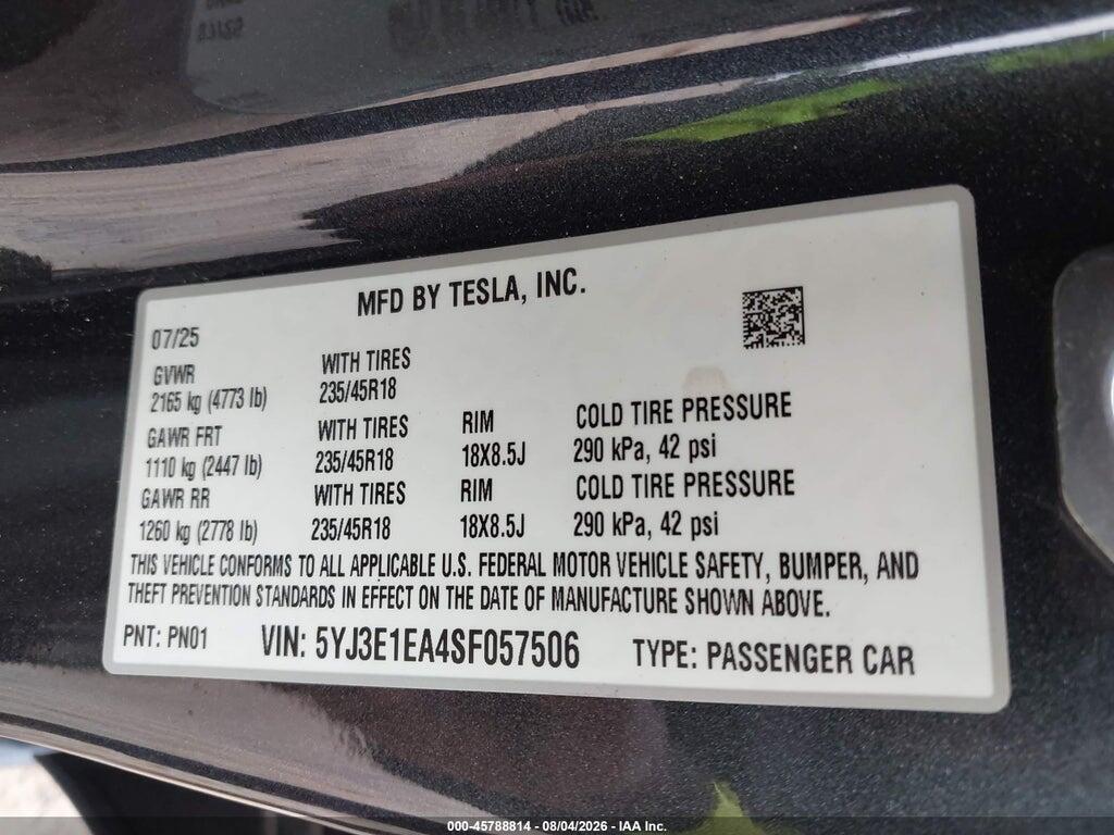 5YJ3E1EA4SF057506 2025 TESLA MODEL 3 photo no. 9