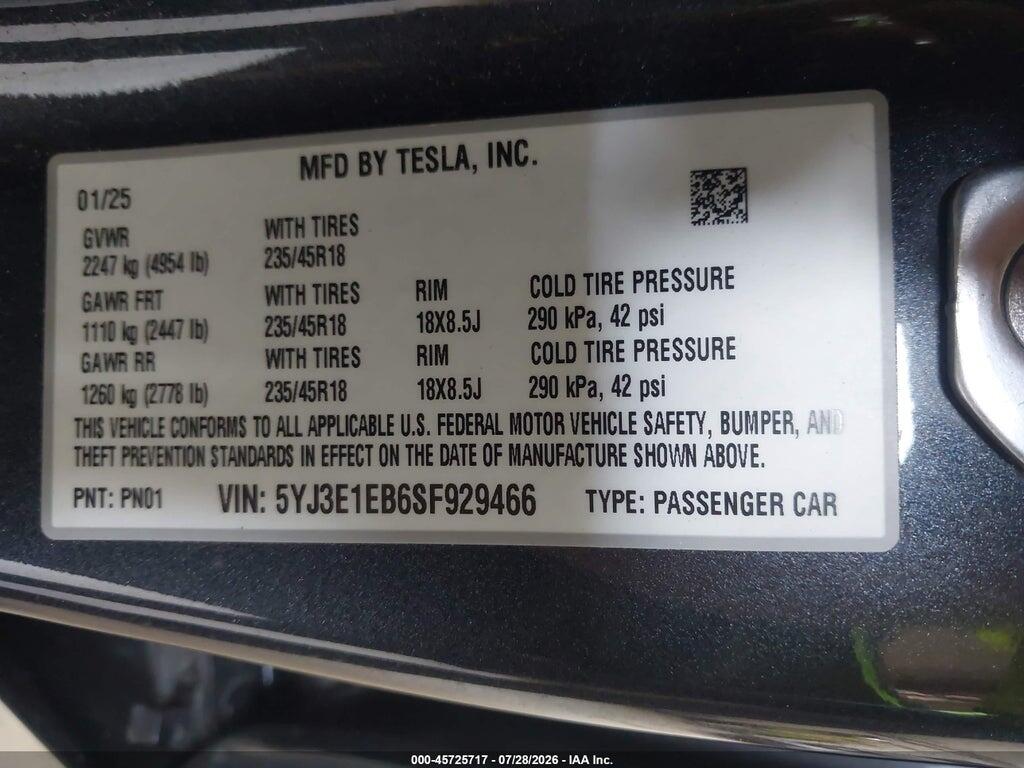 5YJ3E1EB6SF929466 2025 TESLA MODEL 3 photo no. 9