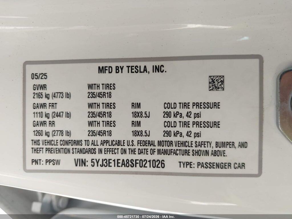 5YJ3E1EA8SF021026 2025 TESLA MODEL 3 photo no. 9