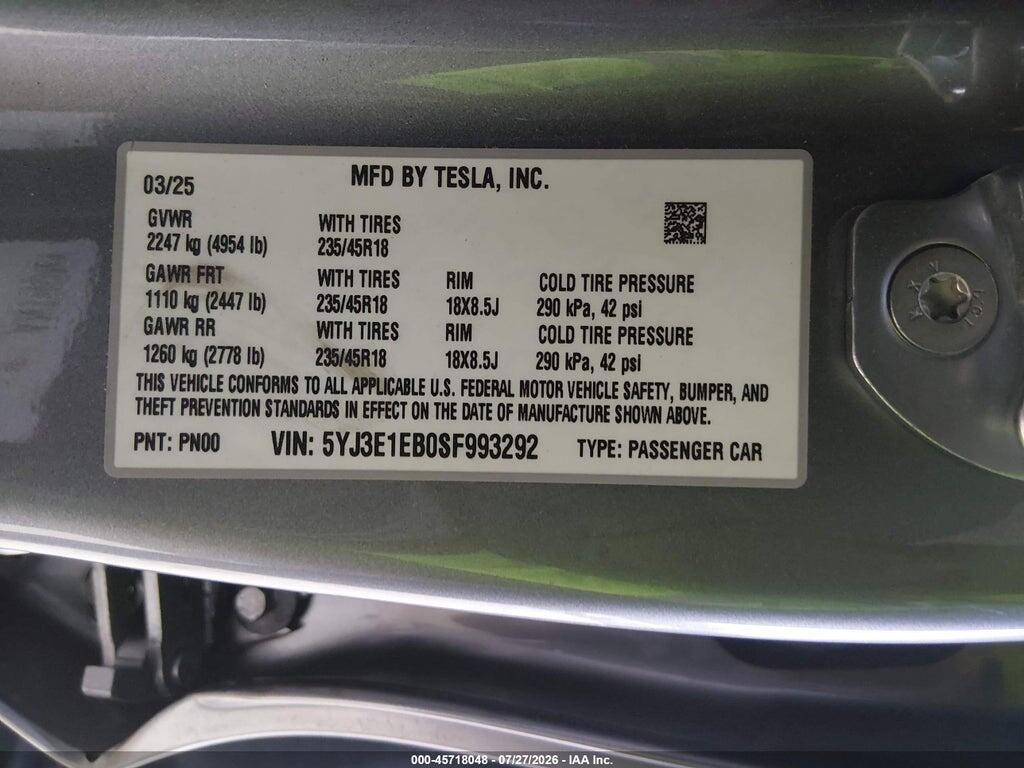 5YJ3E1EB0SF993292 2025 TESLA MODEL 3 photo no. 9
