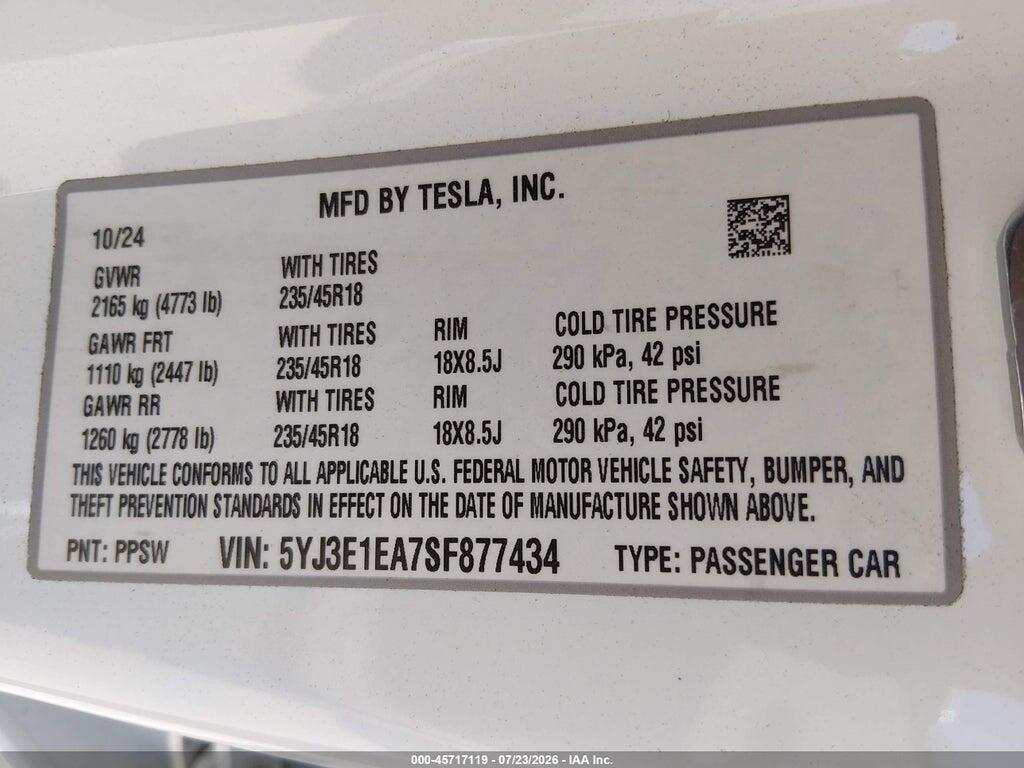 5YJ3E1EA7SF877434 2025 TESLA MODEL 3 photo no. 9