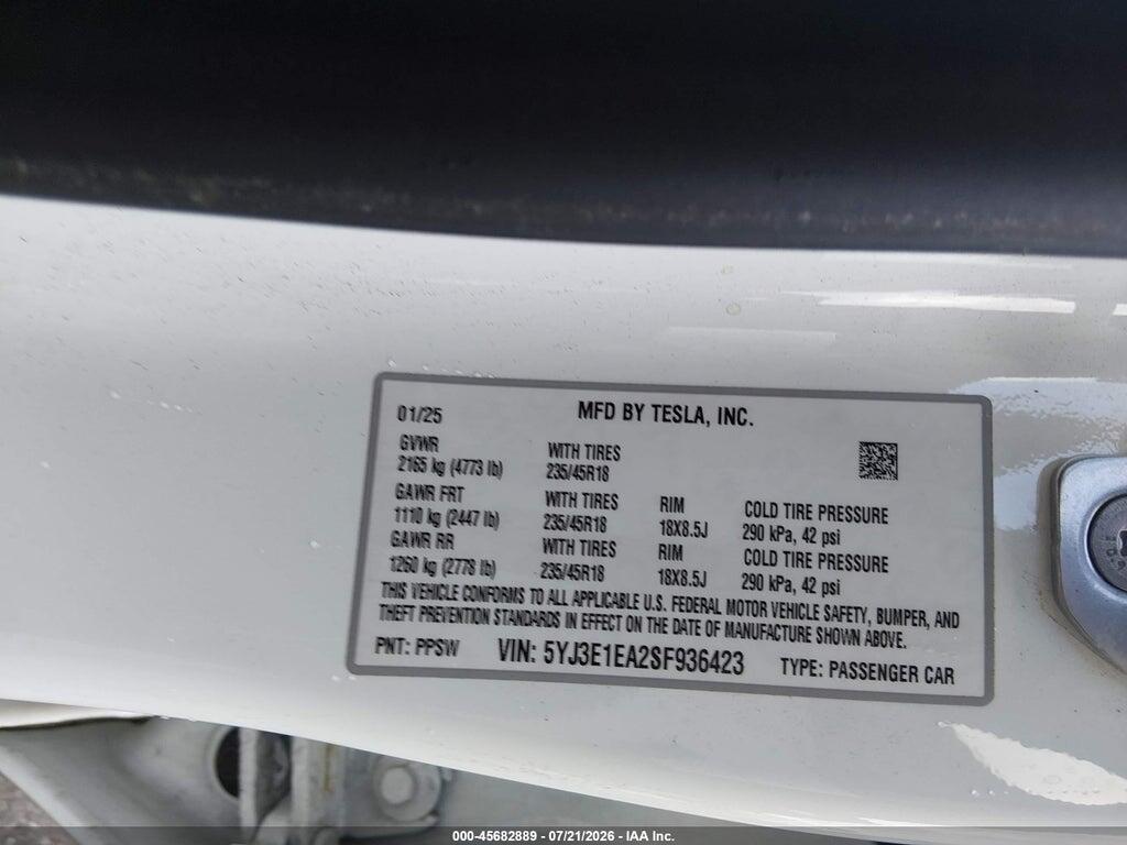 5YJ3E1EA2SF936423 2025 TESLA MODEL 3 photo no. 9