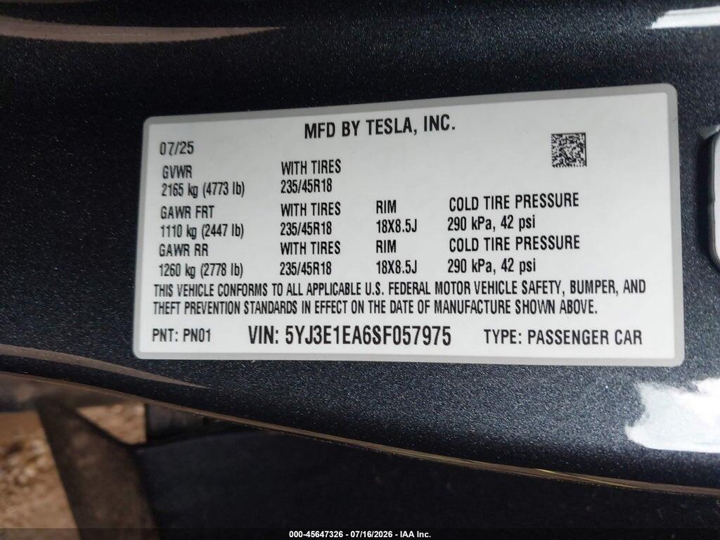 5YJ3E1EA6SF057975 2025 TESLA MODEL 3 photo no. 9