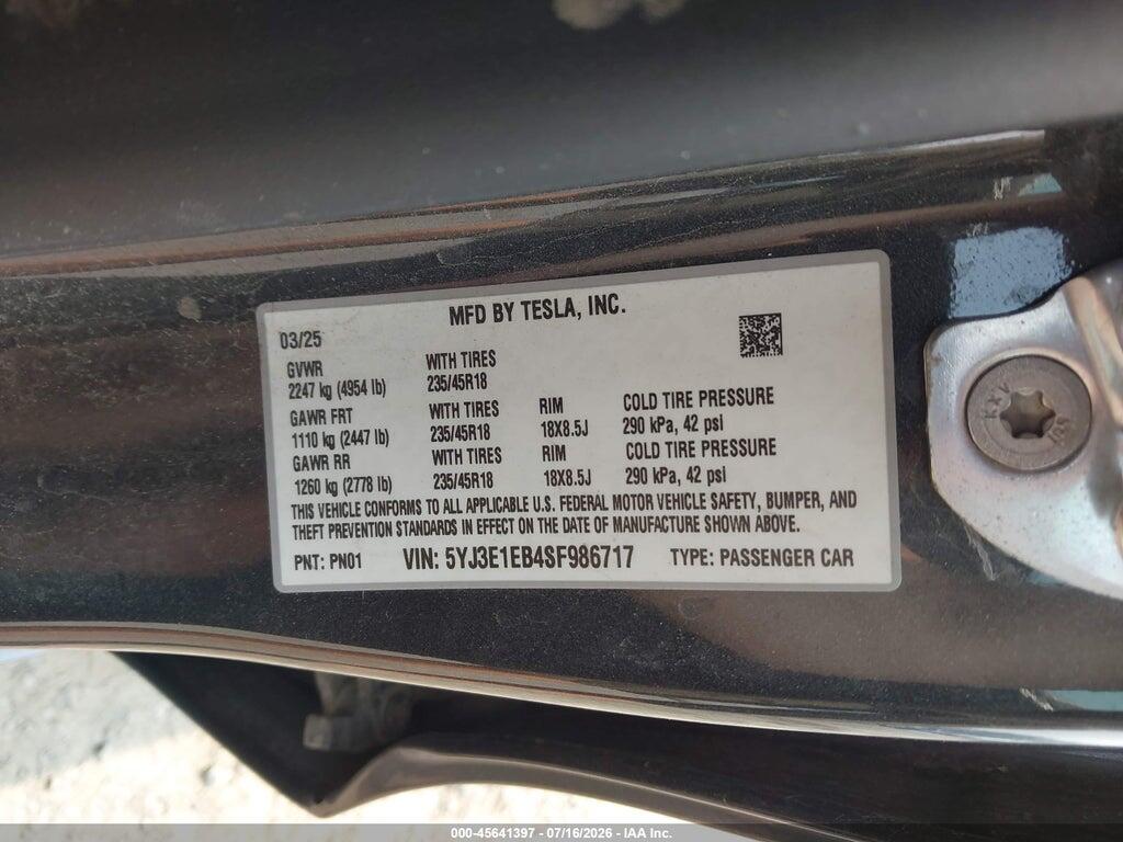 5YJ3E1EB4SF986717 2025 TESLA MODEL 3 photo no. 9