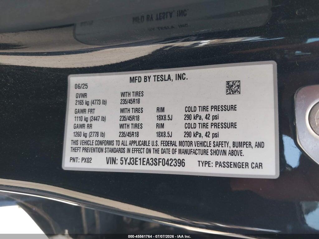 5YJ3E1EA3SF042396 2025 TESLA MODEL 3 photo no. 9