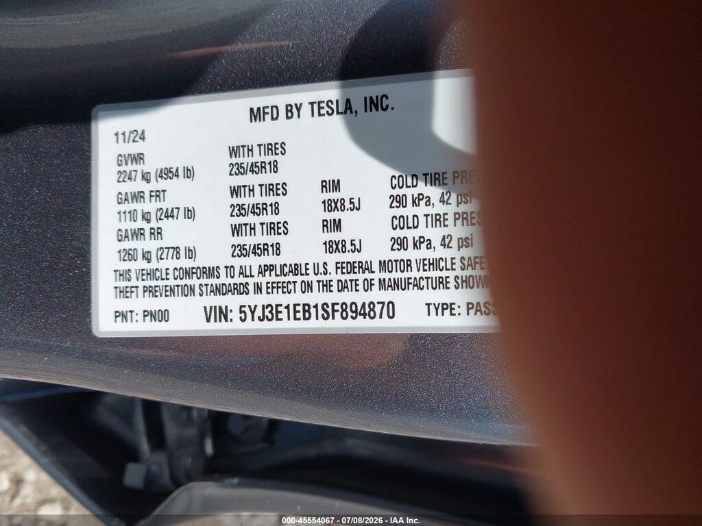 5YJ3E1EB1SF894870 2025 TESLA MODEL 3 photo no. 9