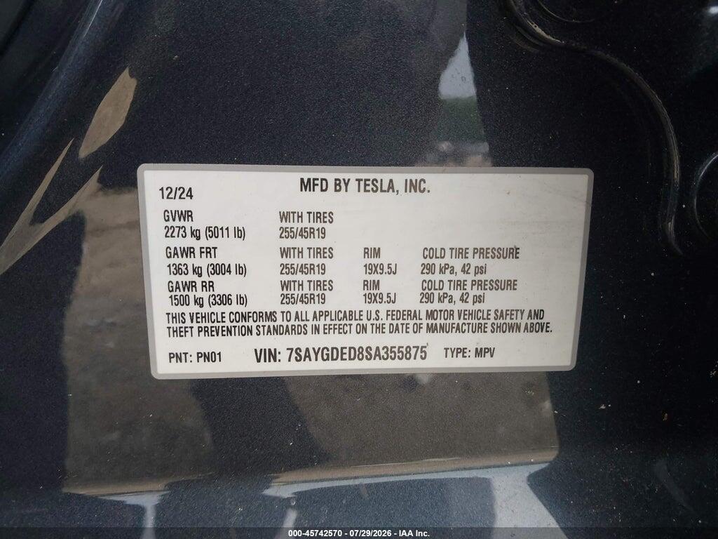 7SAYGDED8SA355875 2025 TESLA MODEL Y photo no. 9