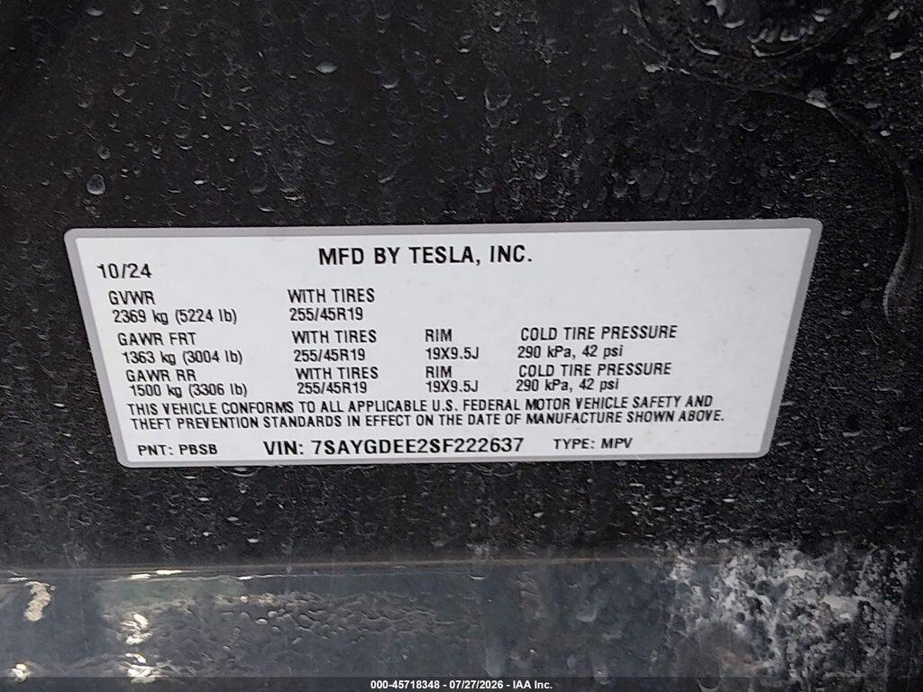 7SAYGDEE2SF222637 2025 TESLA MODEL Y photo no. 9