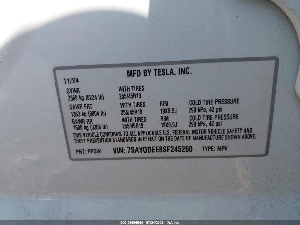 7SAYGDEE8SF245260 2025 TESLA MODEL Y photo no. 9
