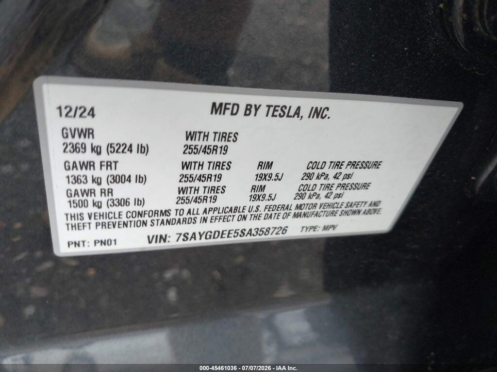 7SAYGDEE5SA358726 2025 TESLA MODEL Y photo no. 9