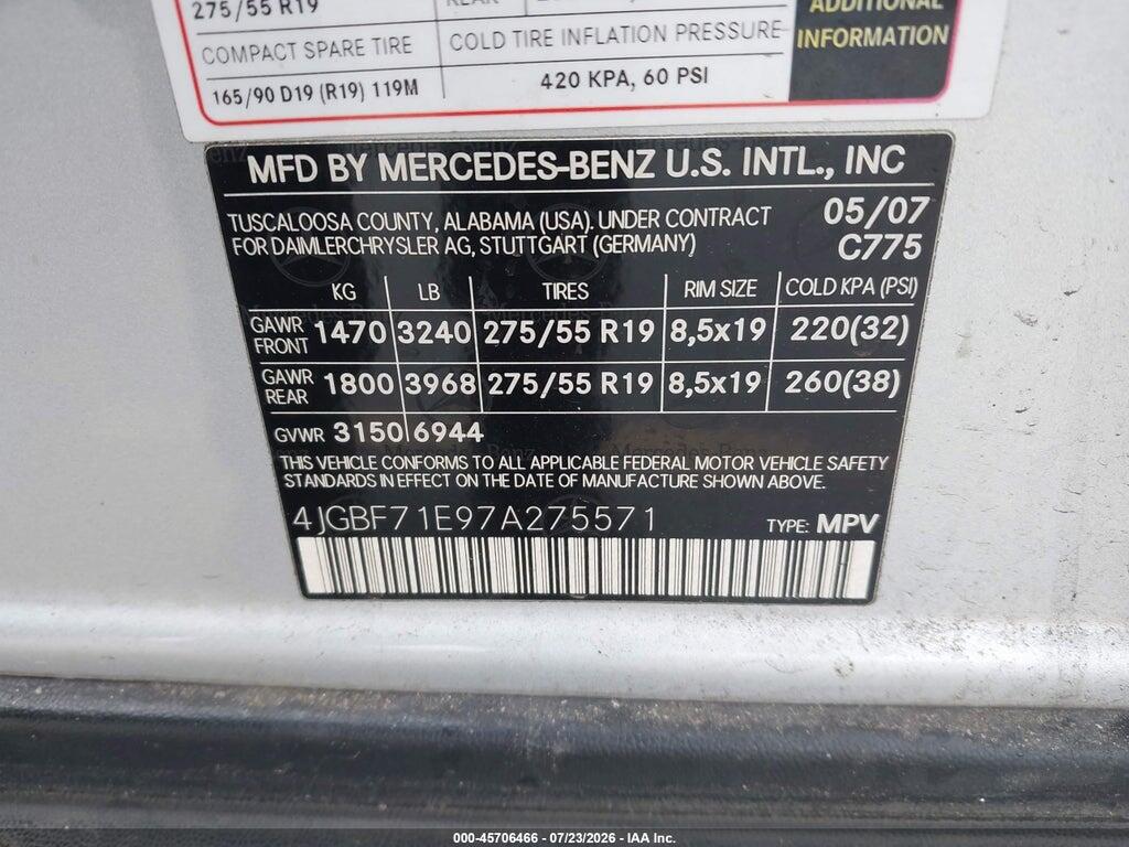 4JGBF71E97A275571 2007 MERCEDES-BENZ GL 450 photo no. 9