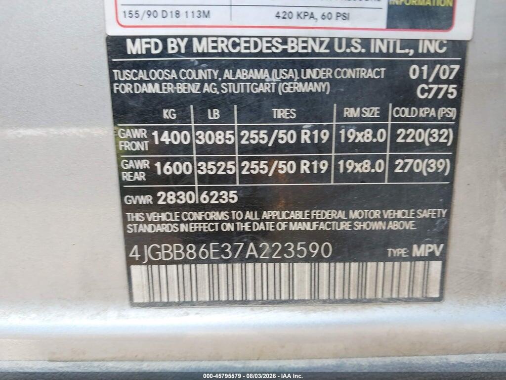 4JGBB86E37A223590 2007 MERCEDES-BENZ ML 350 photo no. 9