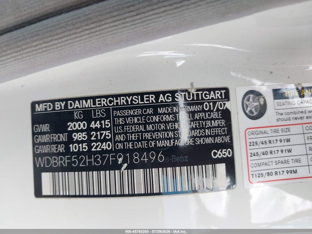 WDBRF52H37F918496 2007 MERCEDES-BENZ C 230 photo no. 9