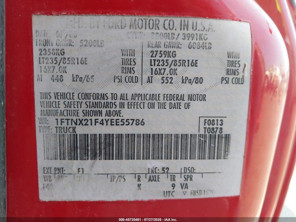 1FTNX21F4YEE55786 2000 FORD F-250 photo no. 9