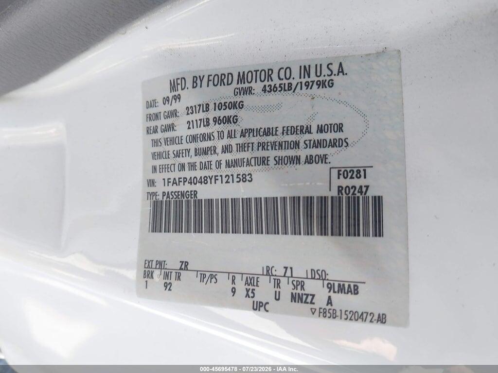 1FAFP4048YF121583 2000 FORD MUSTANG photo no. 9