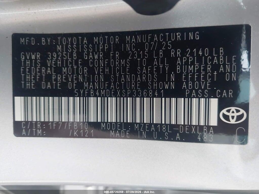 5YFB4MDEXSP336841 2025 TOYOTA COROLLA photo no. 9