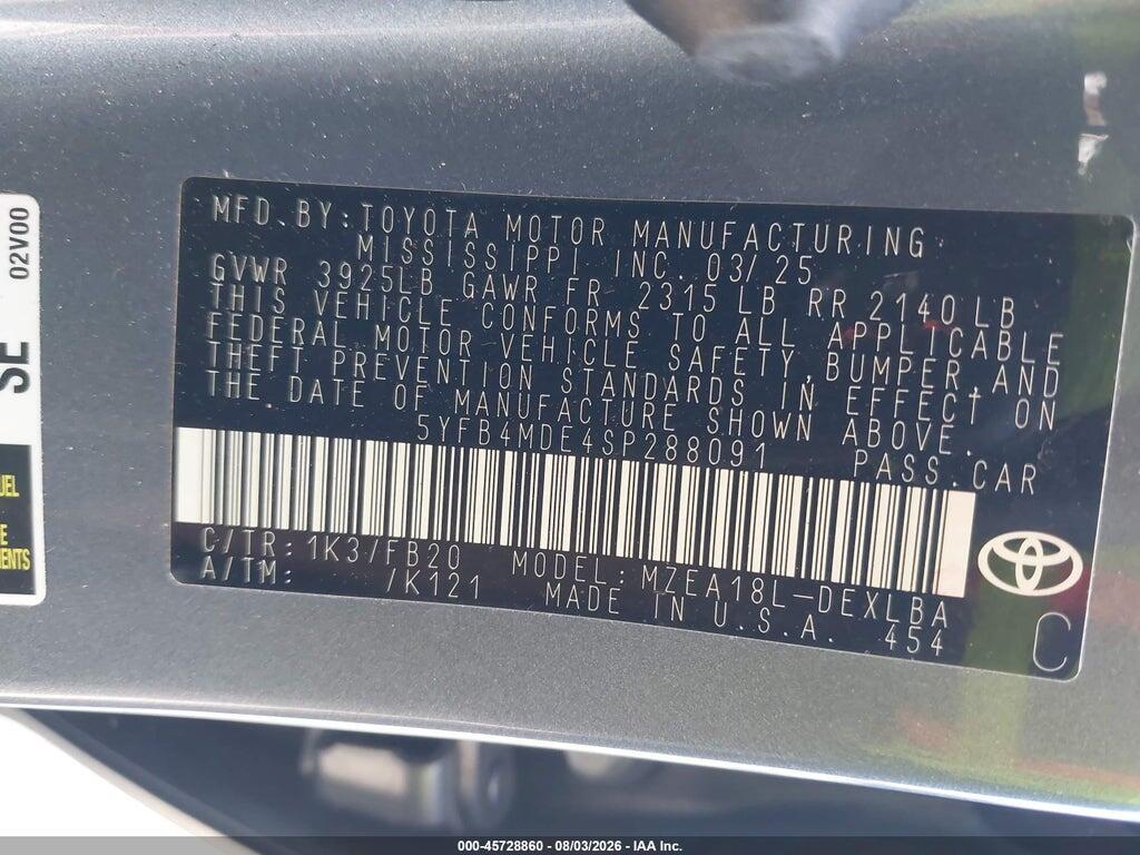 5YFB4MDE4SP288091 2025 TOYOTA COROLLA photo no. 9