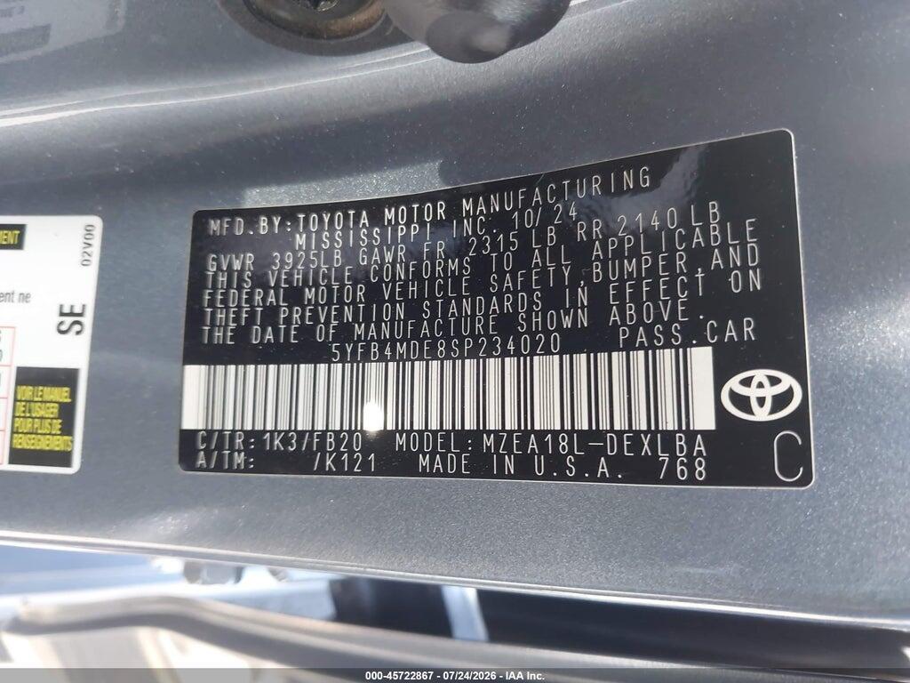 5YFB4MDE8SP234020 2025 TOYOTA COROLLA photo no. 9