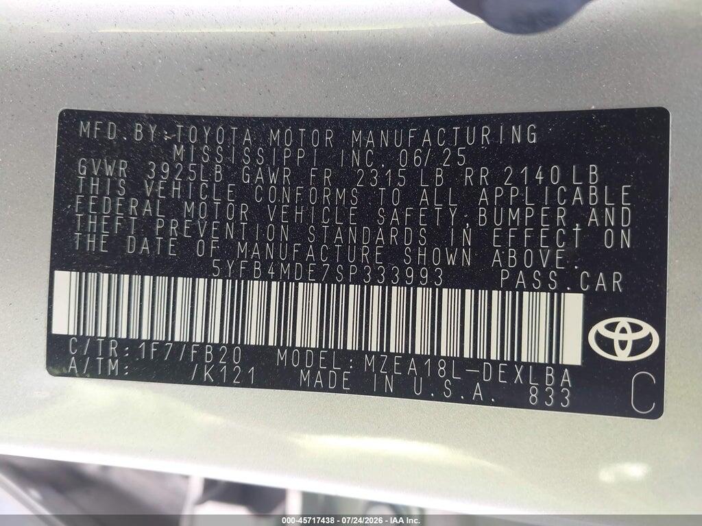 5YFB4MDE7SP333993 2025 TOYOTA COROLLA photo no. 9