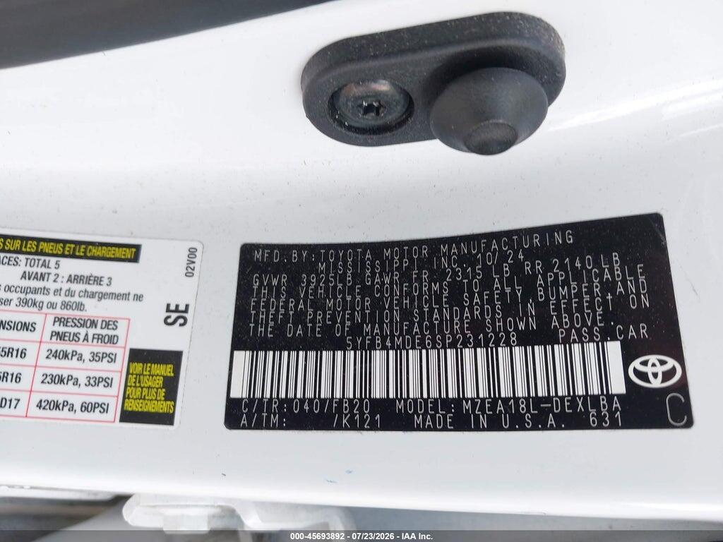 5YFB4MDE6SP231228 2025 TOYOTA COROLLA photo no. 9