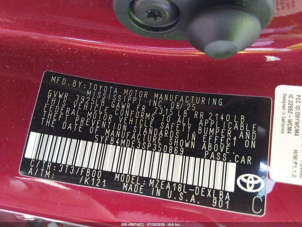 5YFB4MDE3SP350869 2025 TOYOTA COROLLA photo no. 9