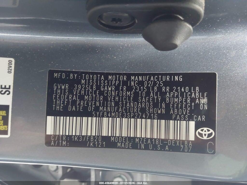 5YFB4MDE3SP274716 2025 TOYOTA COROLLA photo no. 9
