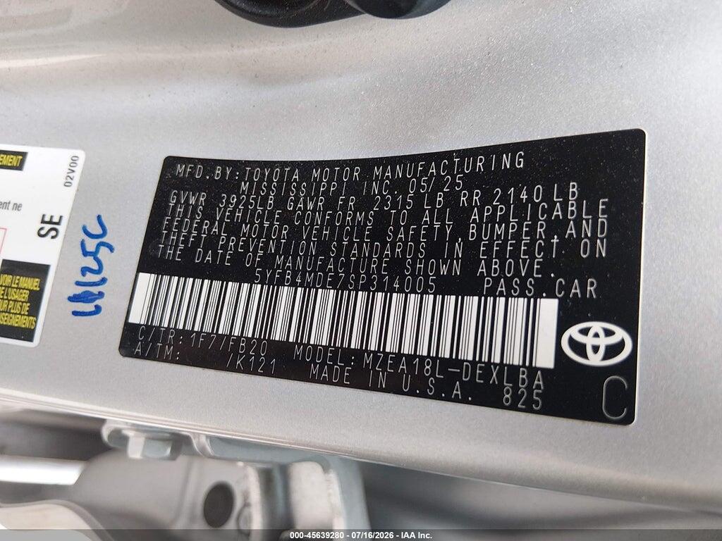 5YFB4MDE7SP314005 2025 TOYOTA COROLLA photo no. 9