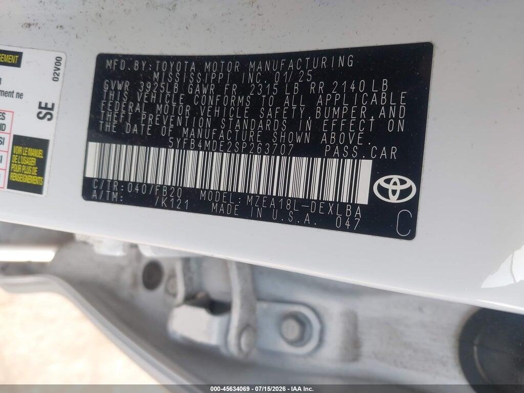 5YFB4MDE2SP263707 2025 TOYOTA COROLLA photo no. 9