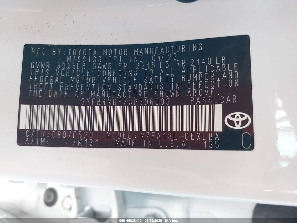 5YFB4MDE7SP306003 2025 TOYOTA COROLLA photo no. 9