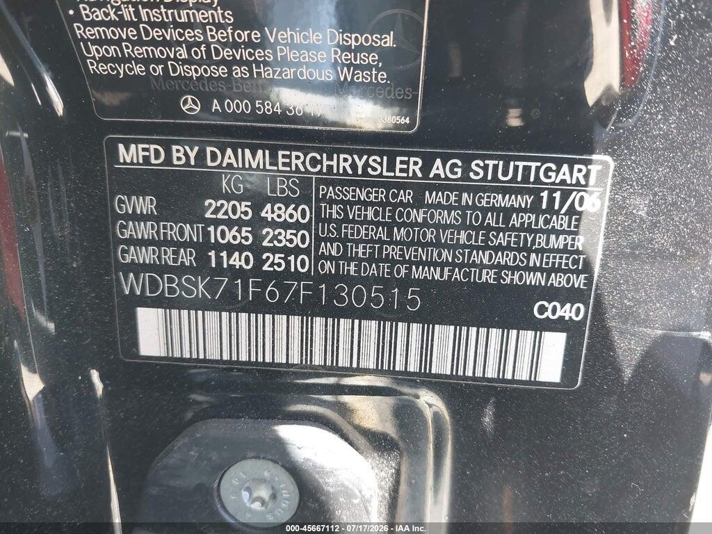 WDBSK71F67F130515 2007 MERCEDES-BENZ SL 550 photo no. 9