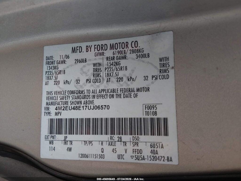 4M2EU48E17UJ06570 2007 MERCURY MOUNTAINEER photo no. 9