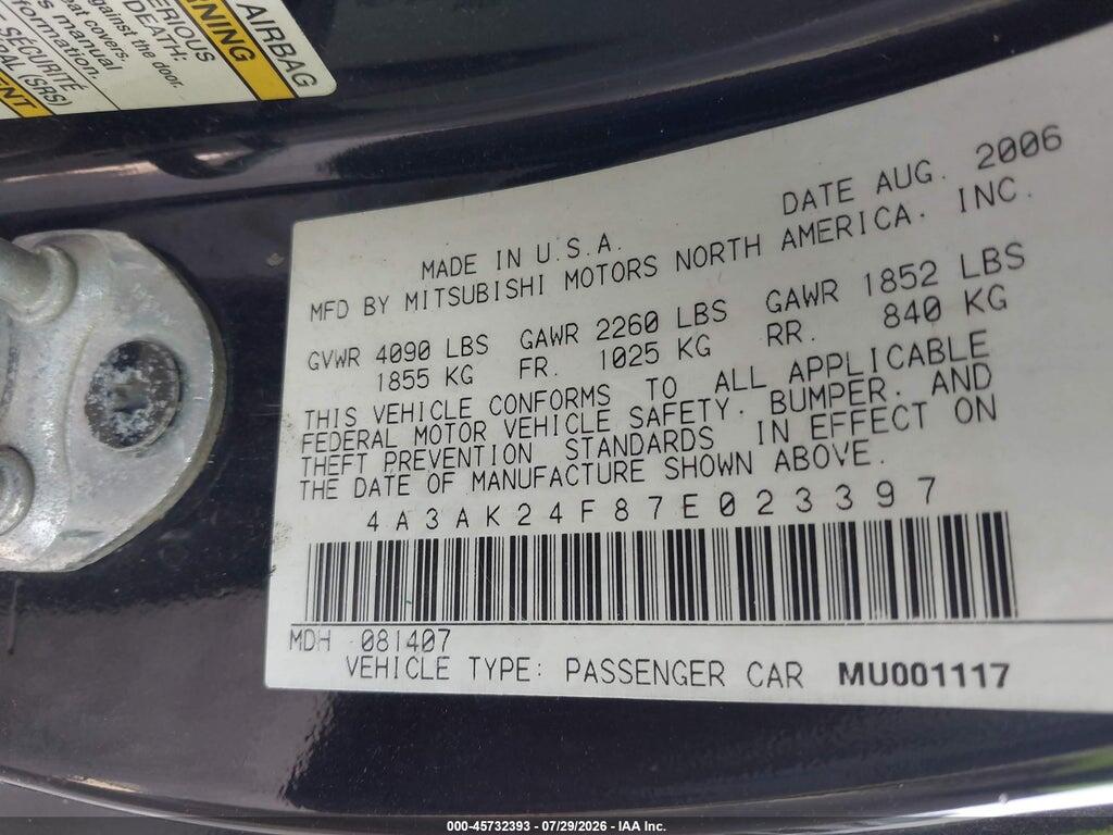 4A3AK24F87E023397 2007 MITSUBISHI ECLIPSE photo no. 9