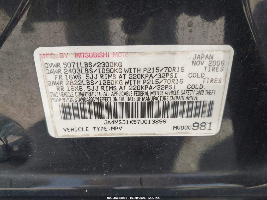 JA4MS31X57U013896 2007 MITSUBISHI OUTLANDER photo no. 9