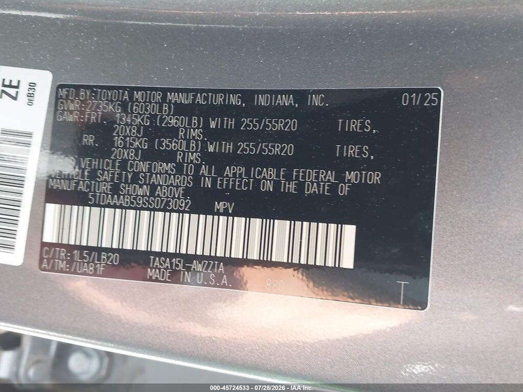 5TDAAAB59SS073092 2025 TOYOTA GRAND HIGHLANDER photo no. 9
