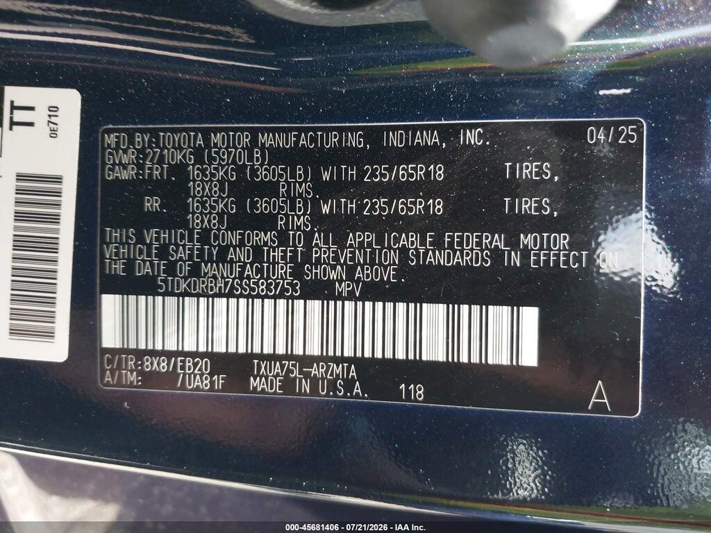 5TDKDRBH7SS583753 2025 TOYOTA HIGHLANDER photo no. 9