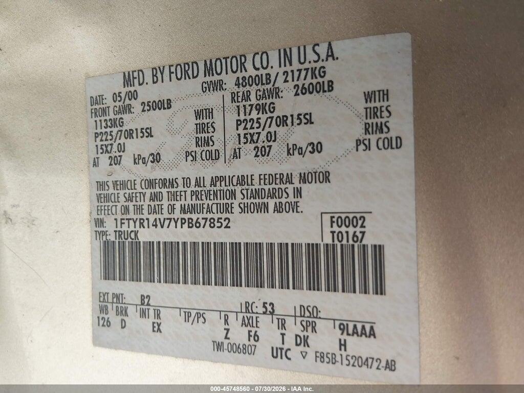 1FTYR14V7YPB67852 2000 FORD RANGER photo no. 9