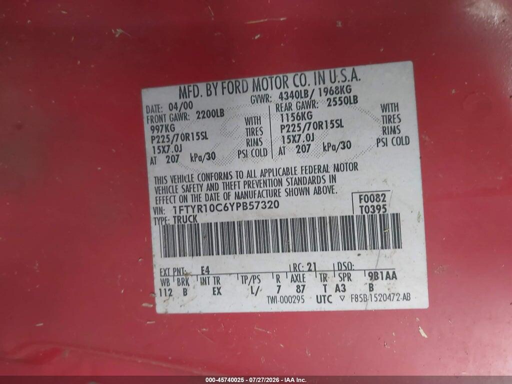 1FTYR10C6YPB57320 2000 FORD RANGER photo no. 9