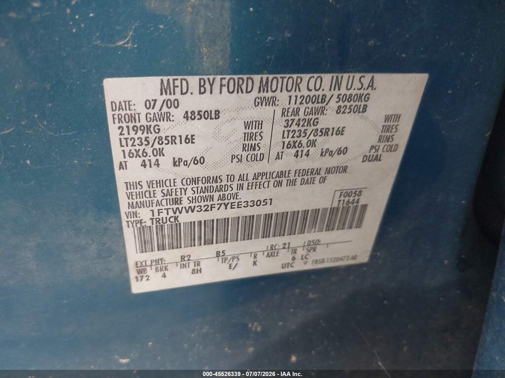 1FTWW32F7YEE33051 2000 FORD SUPER DUTY F-350 DRW photo no. 9