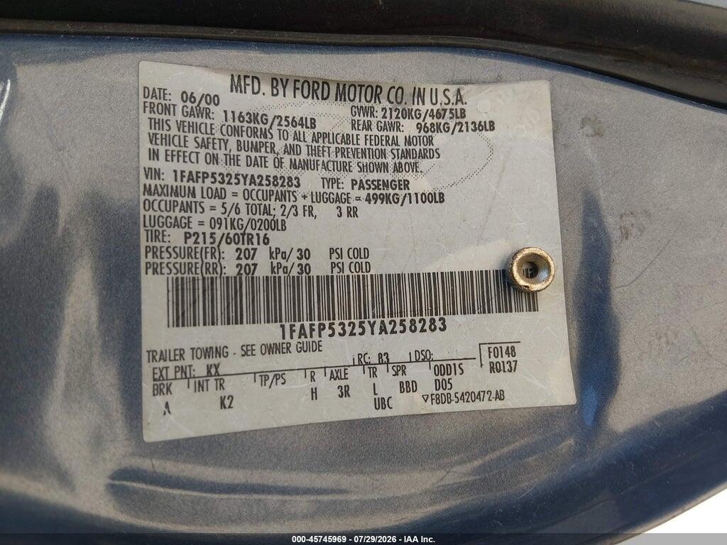 1FAFP5325YA258283 2000 FORD TAURUS photo no. 9