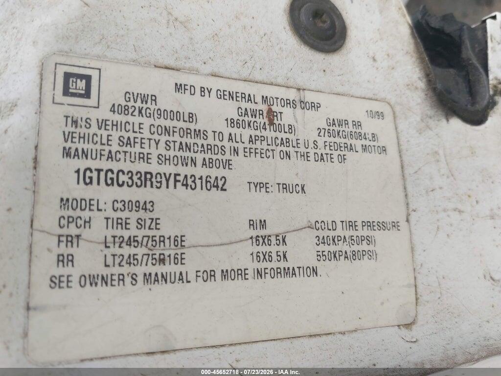 1GTGC33R9YF431642 2000 GMC SIERRA 3500 photo no. 9