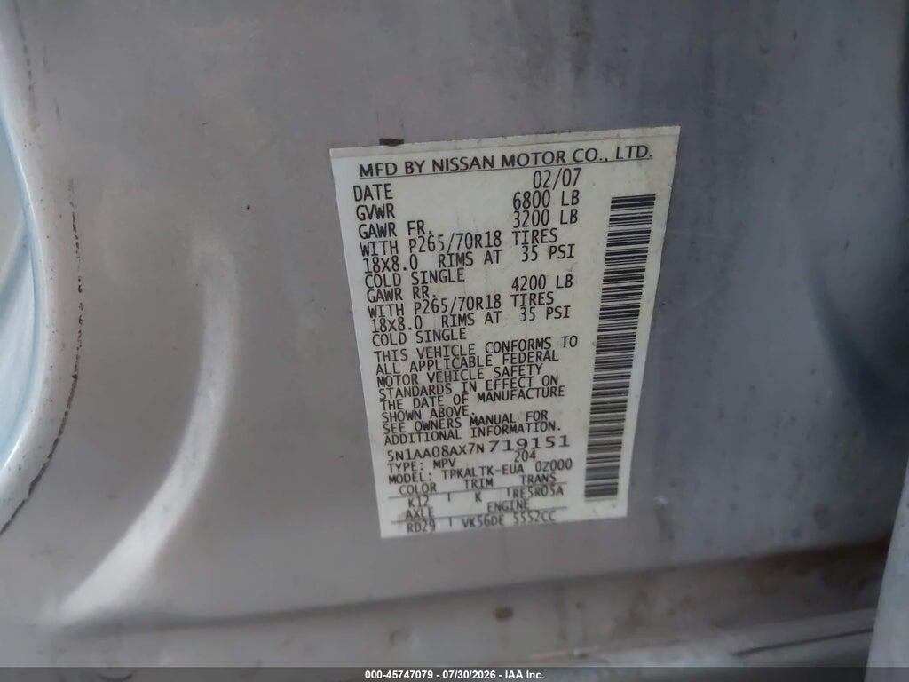 5N1AA08AX7N719151 2007 NISSAN ARMADA photo no. 9