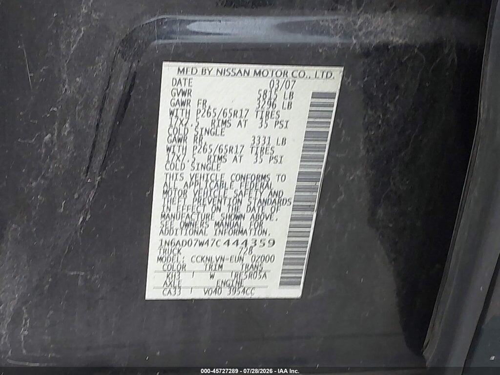 1N6AD07W47C444359 2007 NISSAN FRONTIER photo no. 9