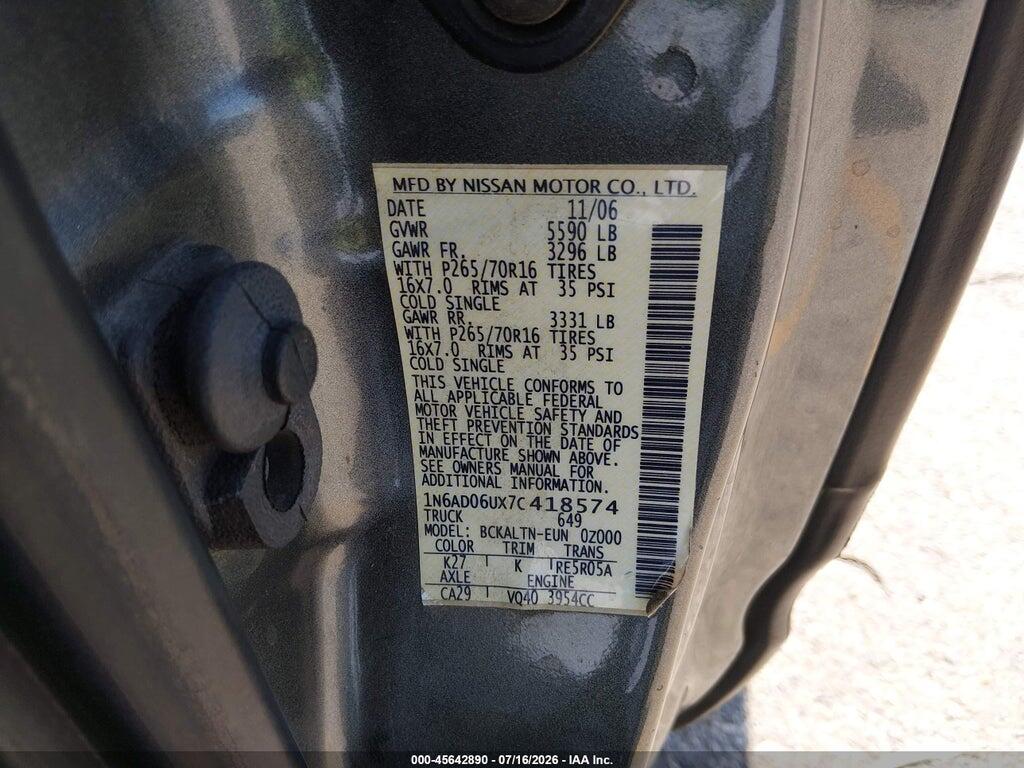 1N6AD06UX7C418574 2007 NISSAN FRONTIER photo no. 9