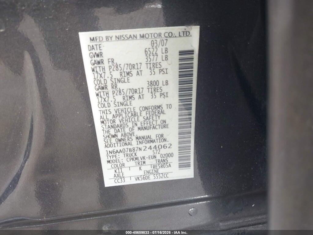 1N6AA07B87N244062 2007 NISSAN TITAN photo no. 9