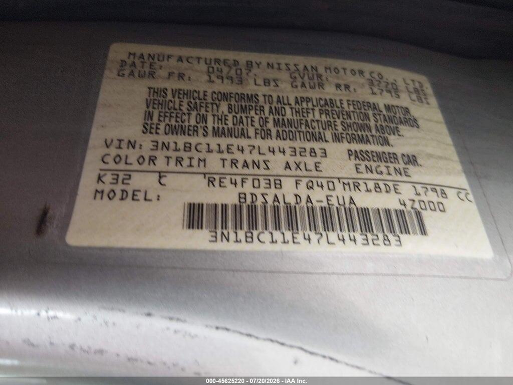 3N1BC11E47L443283 2007 NISSAN VERSA photo no. 9