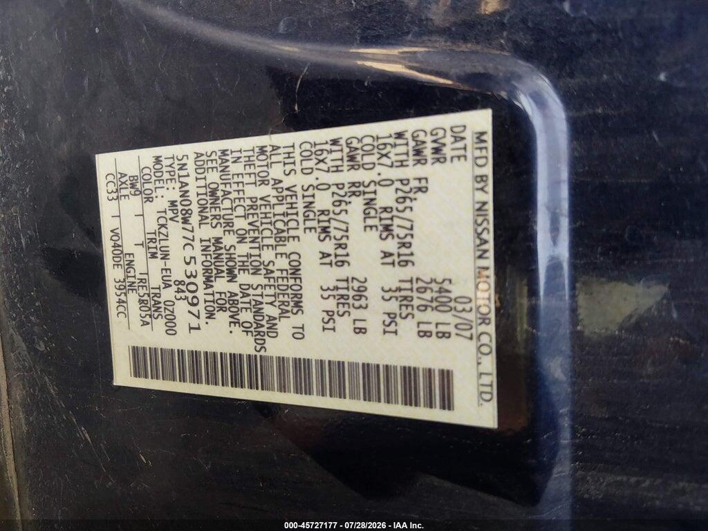 5N1AN08W77C530971 2007 NISSAN XTERRA photo no. 9