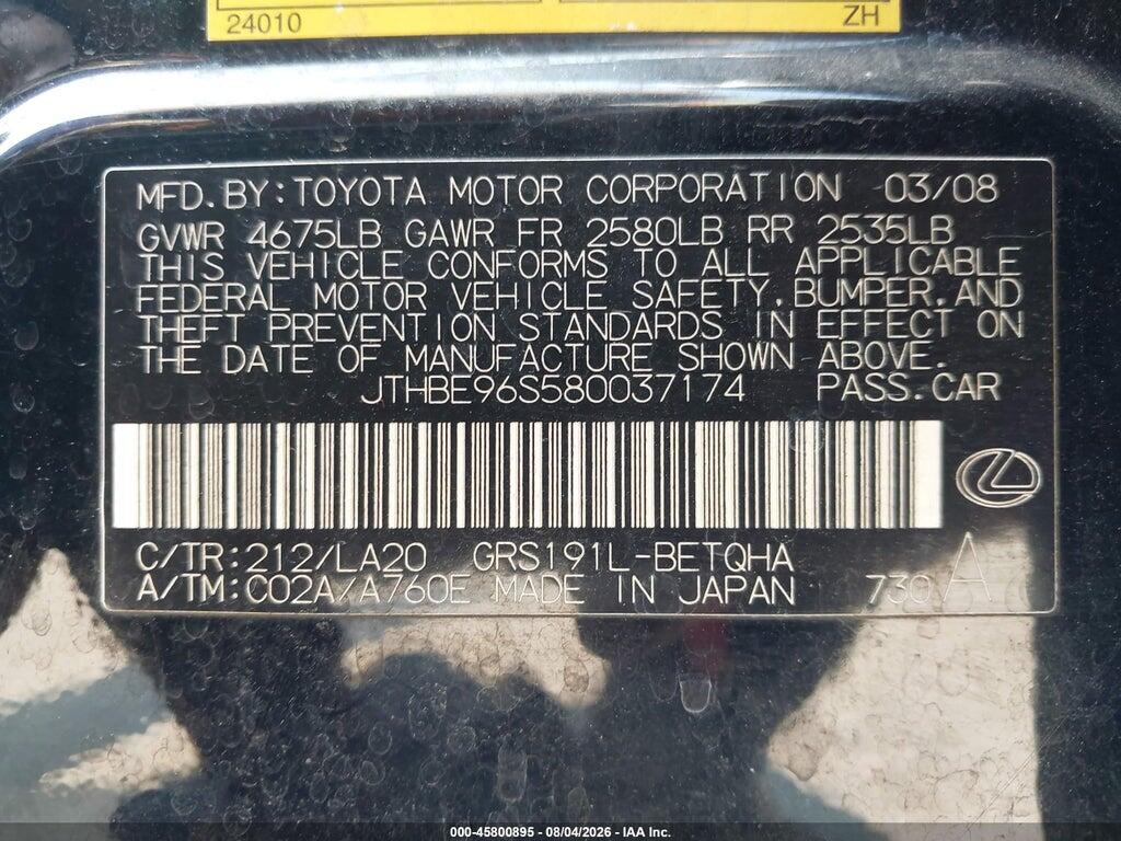JTHBE96S580037174 2008 LEXUS GS 350 photo no. 9