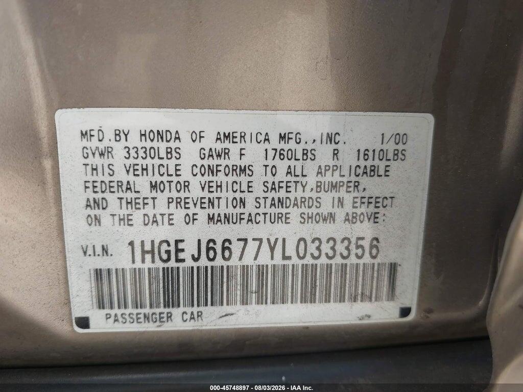 1HGEJ6677YL033356 2000 HONDA CIVIC photo no. 9