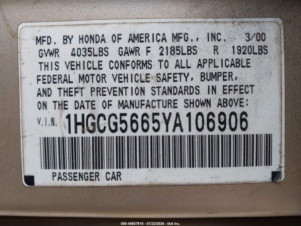 1HGCG5665YA106906 2000 HONDA ACCORD photo no. 9