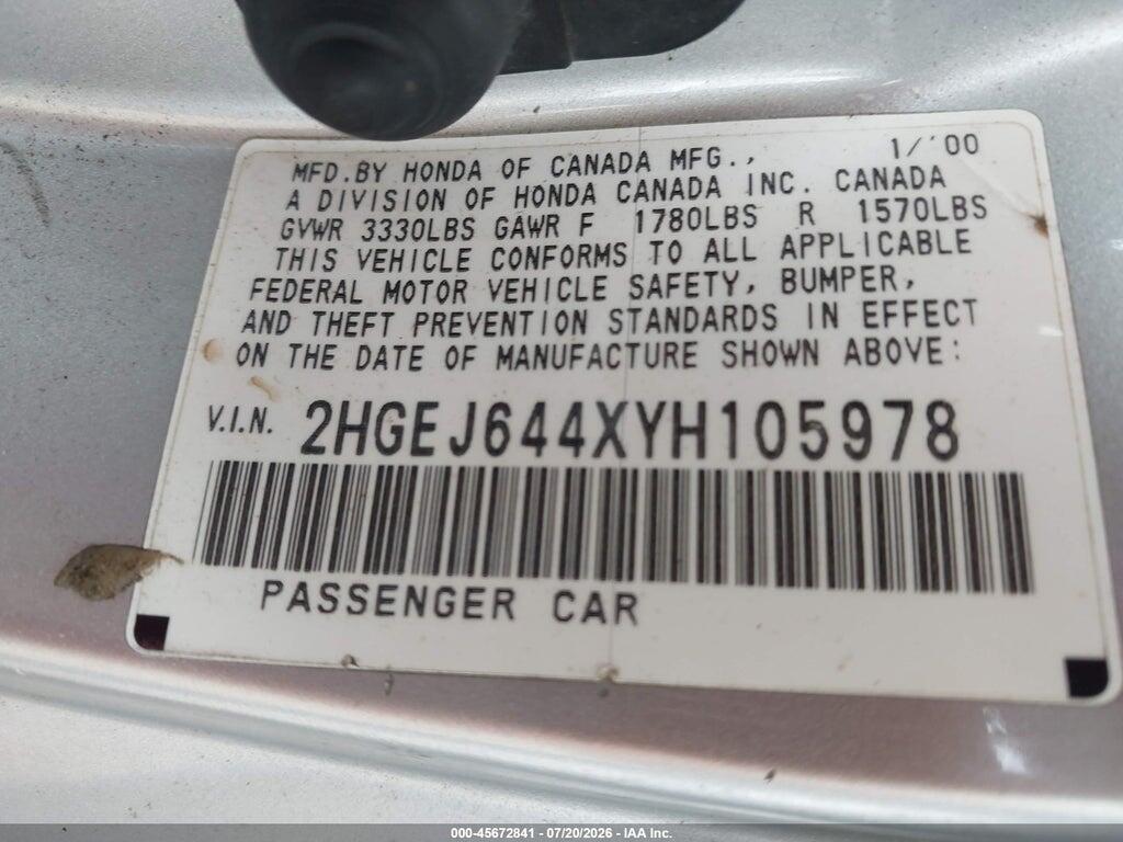2HGEJ644XYH105978 2000 HONDA CIVIC photo no. 9
